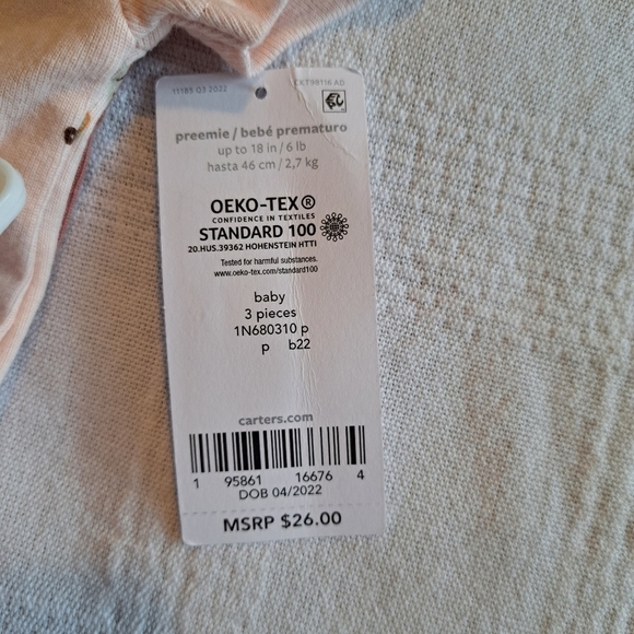 Carter's Preemie 3 piece set 2 body suits, 1 pair of pants, New - Picture 3 of 4